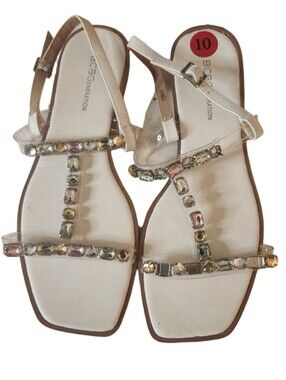 BCBGeneration Nude Clear T-Strap Sandals with Multicolored Gem Accents Size 10
